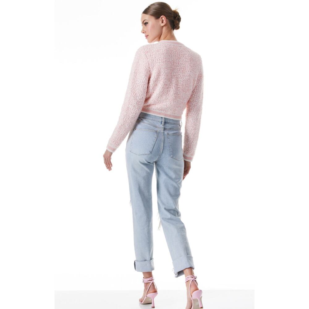 Alice + Olivia Noella Cropped Cardigan Medium Pink Boucle Knit Crew Button Front - Picture 2 of 15